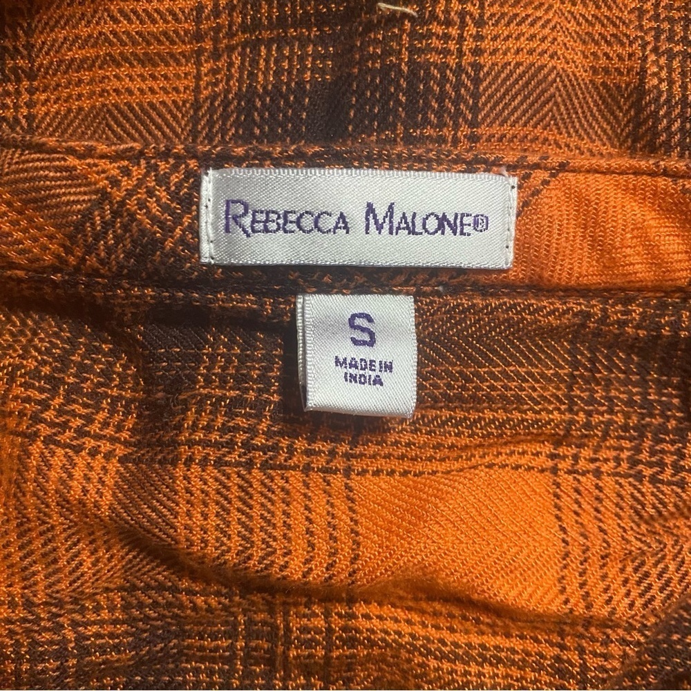 Rebecca Malone Orange Black Plaid V Neck Tab Sleeve Popover Top - Picture 6 of 6